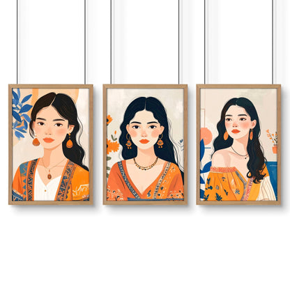 Canvas Bedroom Art | Set of 3 Boho Women Wall art Prints