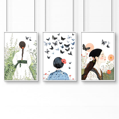 Canvas Pictures For Living Room | Set of 3 Boho Women Wall art Prints