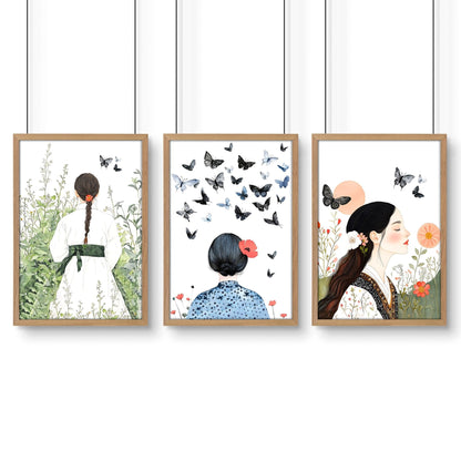 Canvas Pictures For Living Room | Set of 3 Boho Women Wall art Prints
