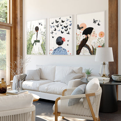 Canvas Pictures For Living Room | Set of 3 Boho Women Wall art Prints