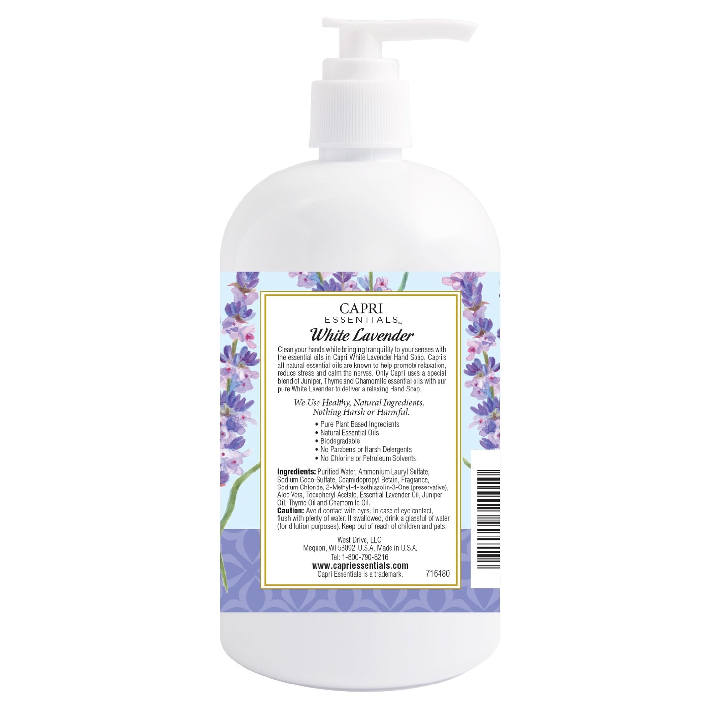 CAPRI ESSENTIALS Hand Soap Liquid – Natural Plant-Based Formula, White Lavender, 16 oz (6 Pack)