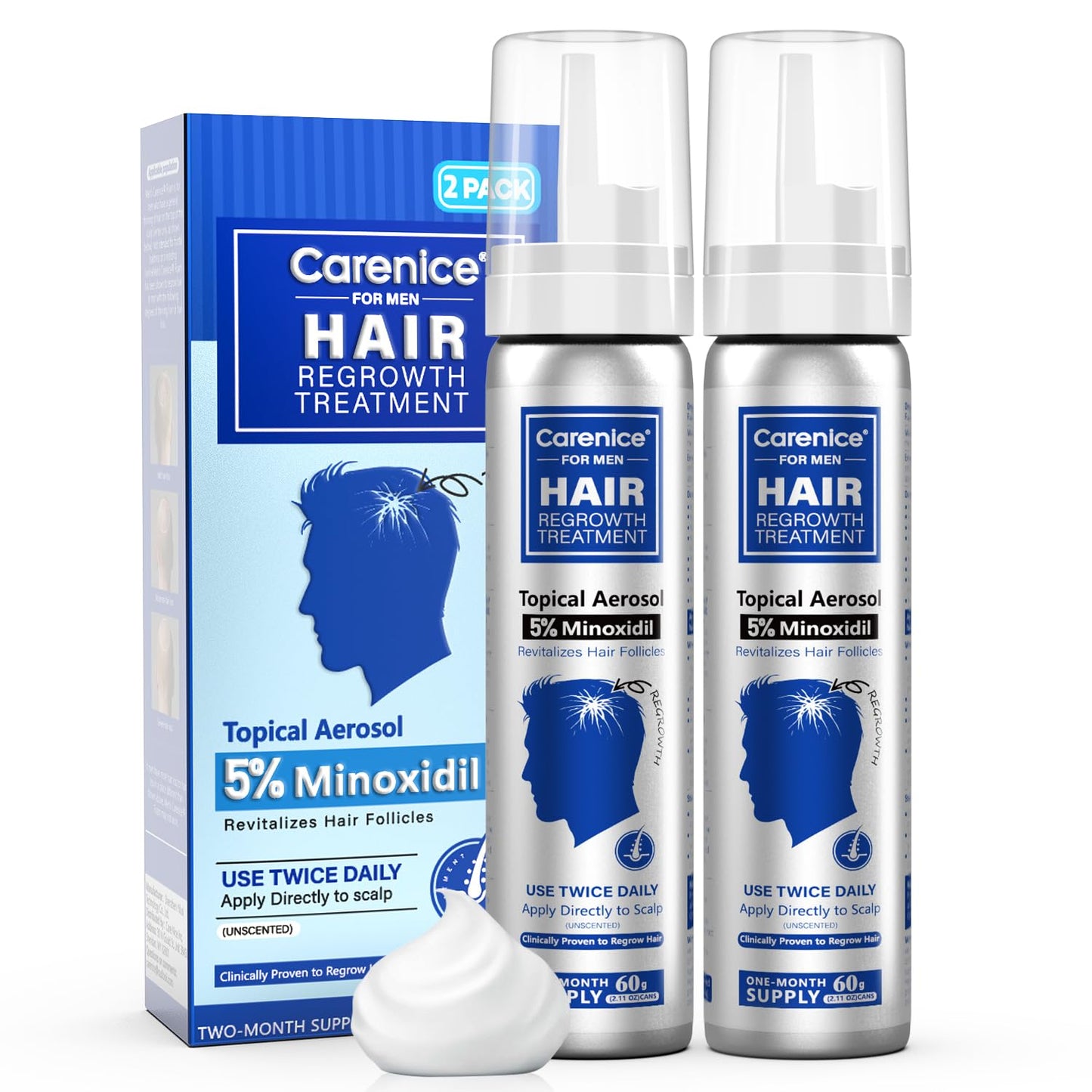 CARENICE 5% Minoxidil Foam for Men with Biotin – Unscented, 4.22 oz (2 Months Supply)