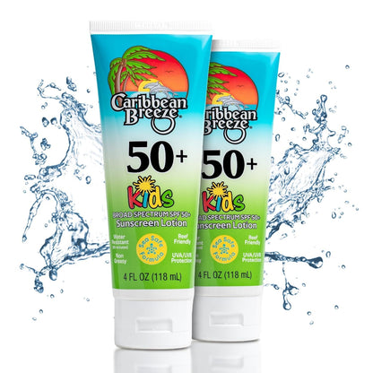 Caribbean Breeze Reef-Friendly Kids Sunscreen SPF 50 + Mango Lime Scent Body Lotion 4 oz (2 Pack)