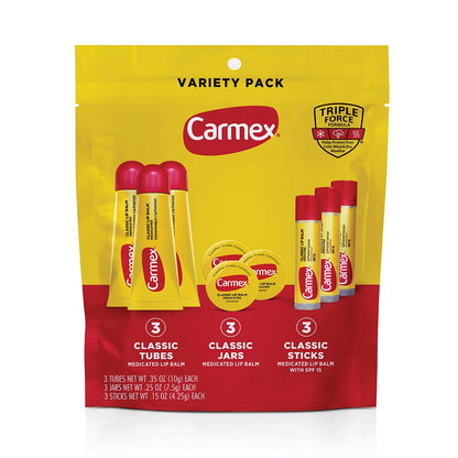 Carmex Classic Medicated Lip Balm Pack, 9-Count Variety (Tubes, Sticks & Jars) – Lip Moisturizer