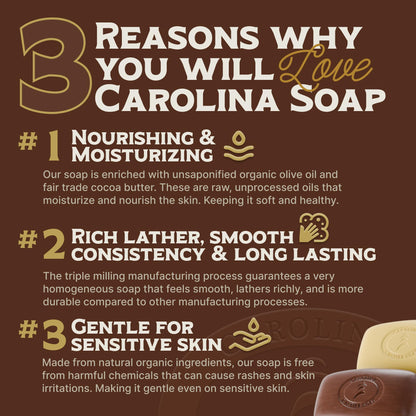 Carolina Castile Soap | Vegan Unscented Castile Bar – 3 Bars, Olive Oil & Cocoa Butter