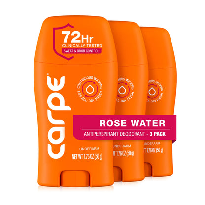 Carpe Rose Water Underarm Antiperspirant for Women – 72-Hour Sweat & Odor Protection (3 Pack)