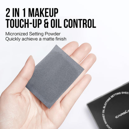 CARSLAN Makeup Blotting Paper with Powder - Matte Finish, Portable Magnet Compact with Mirror & Puff - 150 Sheets + 8 Refills