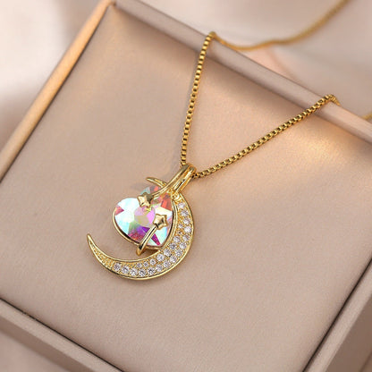 Titanium Steel Star & Moon Pendant Necklace