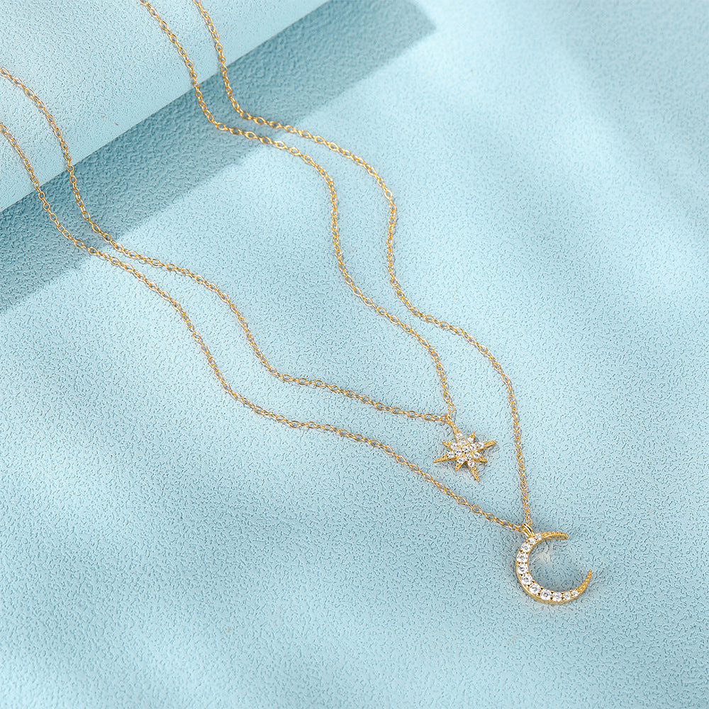 Double Layer Twin Diamond Star and Moon Necklace