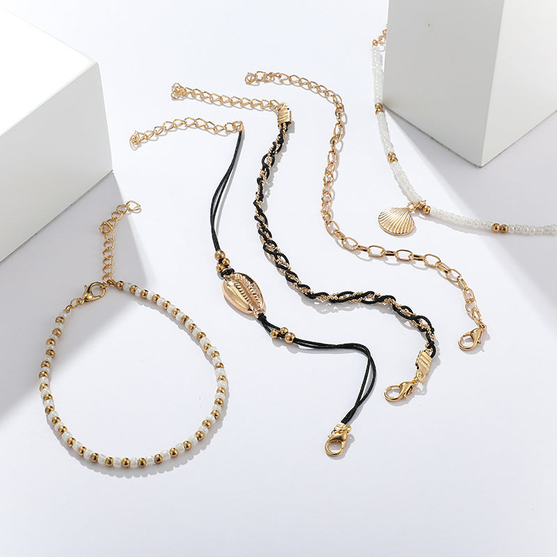 Shell Braided Multi-Layer Anklet Set – 5-Piece
