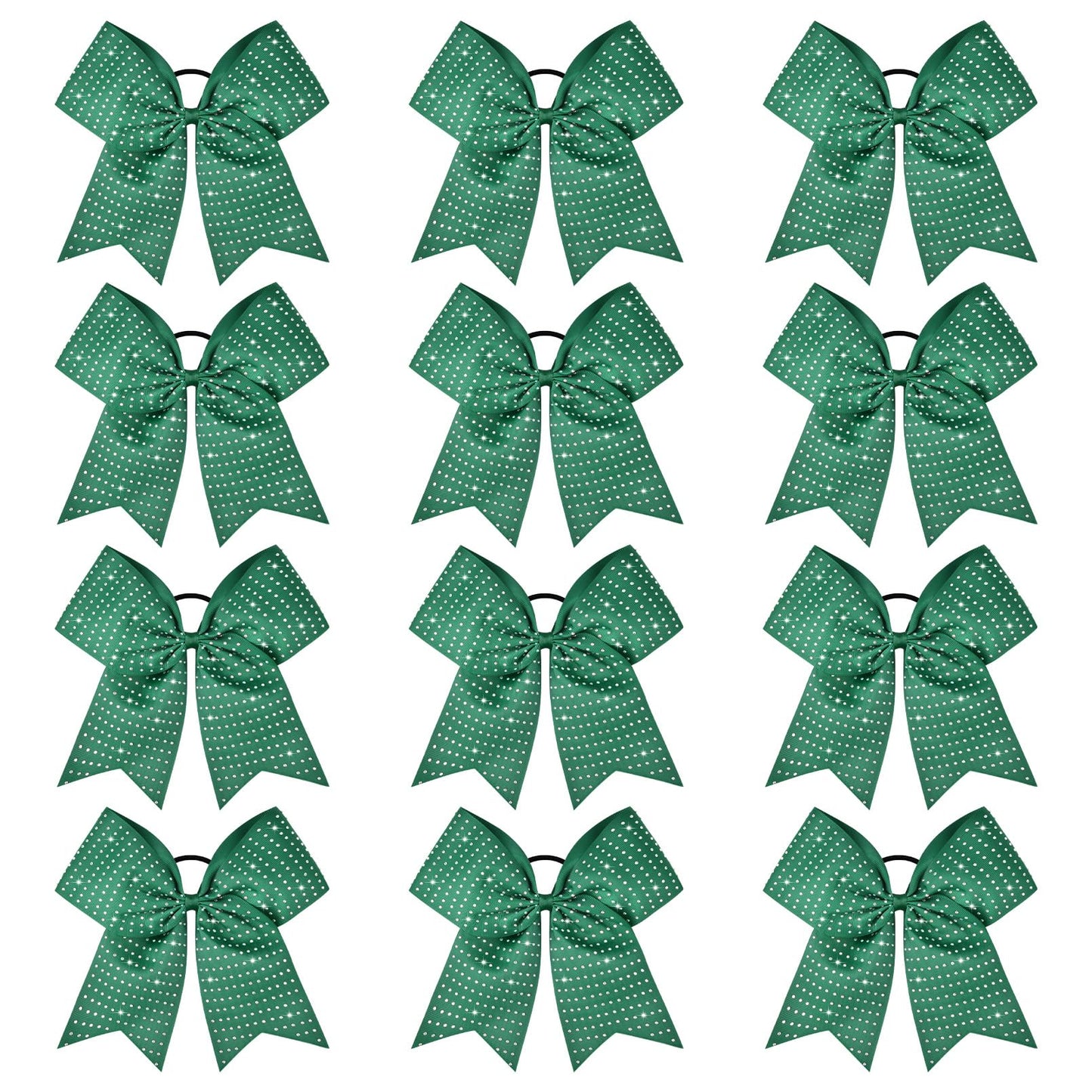 CEELGON 12-Pack Forest Green Glitter Cheer Bows – Large 8-Inch Rhinestone Hair Ties for Teens