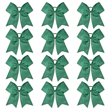 CEELGON 12-Pack Forest Green Glitter Cheer Bows – Large 8-Inch Rhinestone Hair Ties for Teens