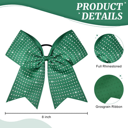 CEELGON 12-Pack Forest Green Glitter Cheer Bows – Large 8-Inch Rhinestone Hair Ties for Teens