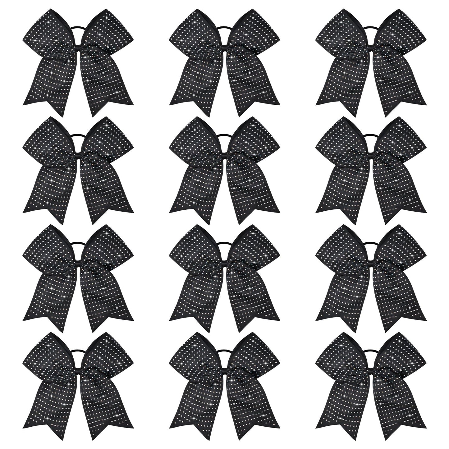 CEELGON 12 Pack Black Glitter Cheer Bows | 8-Inch Rhinestone Ribbon, Elastic Hair Tie