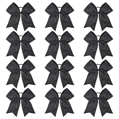 CEELGON 12 Pack Black Glitter Cheer Bows | 8-Inch Rhinestone Ribbon, Elastic Hair Tie