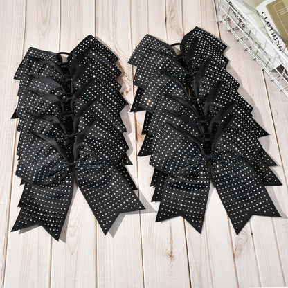 CEELGON 12 Pack Black Glitter Cheer Bows | 8-Inch Rhinestone Ribbon, Elastic Hair Tie