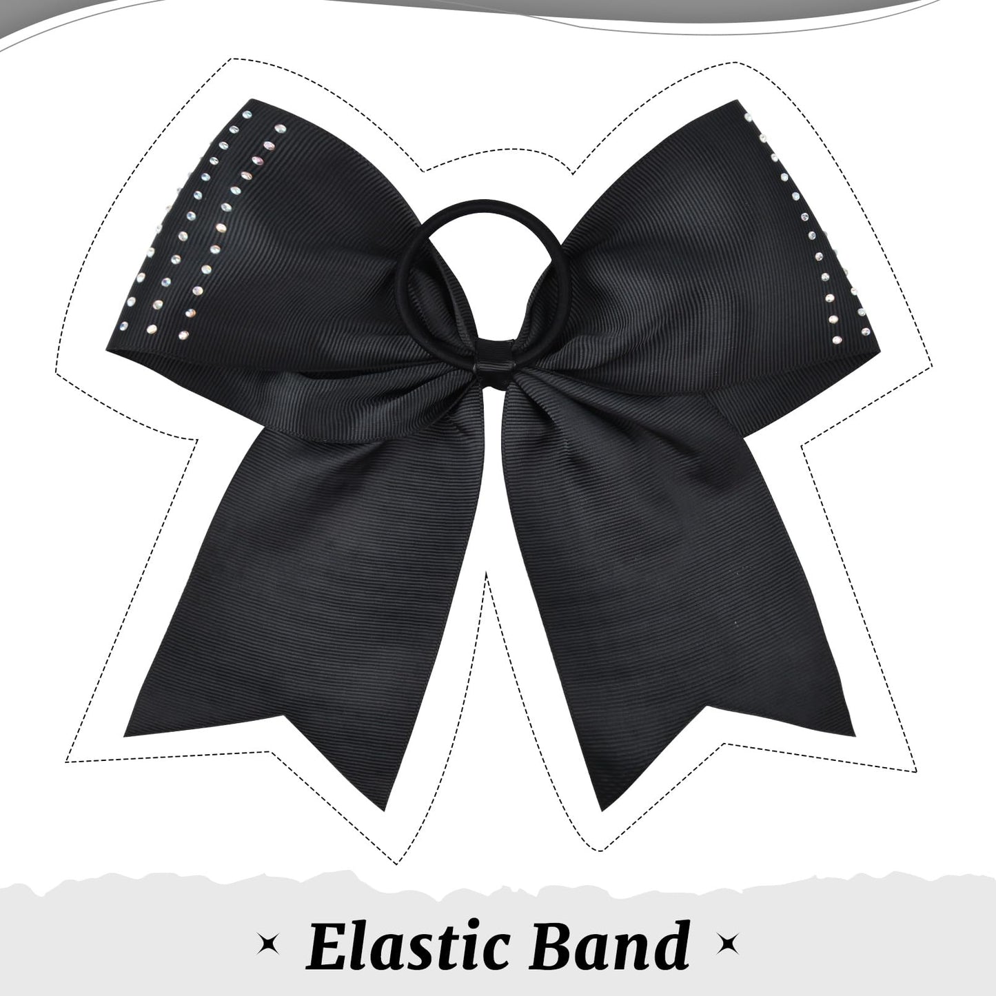 CEELGON 12 Pack Black Glitter Cheer Bows | 8-Inch Rhinestone Ribbon, Elastic Hair Tie