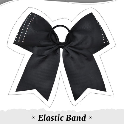 CEELGON 12 Pack Black Glitter Cheer Bows | 8-Inch Rhinestone Ribbon, Elastic Hair Tie