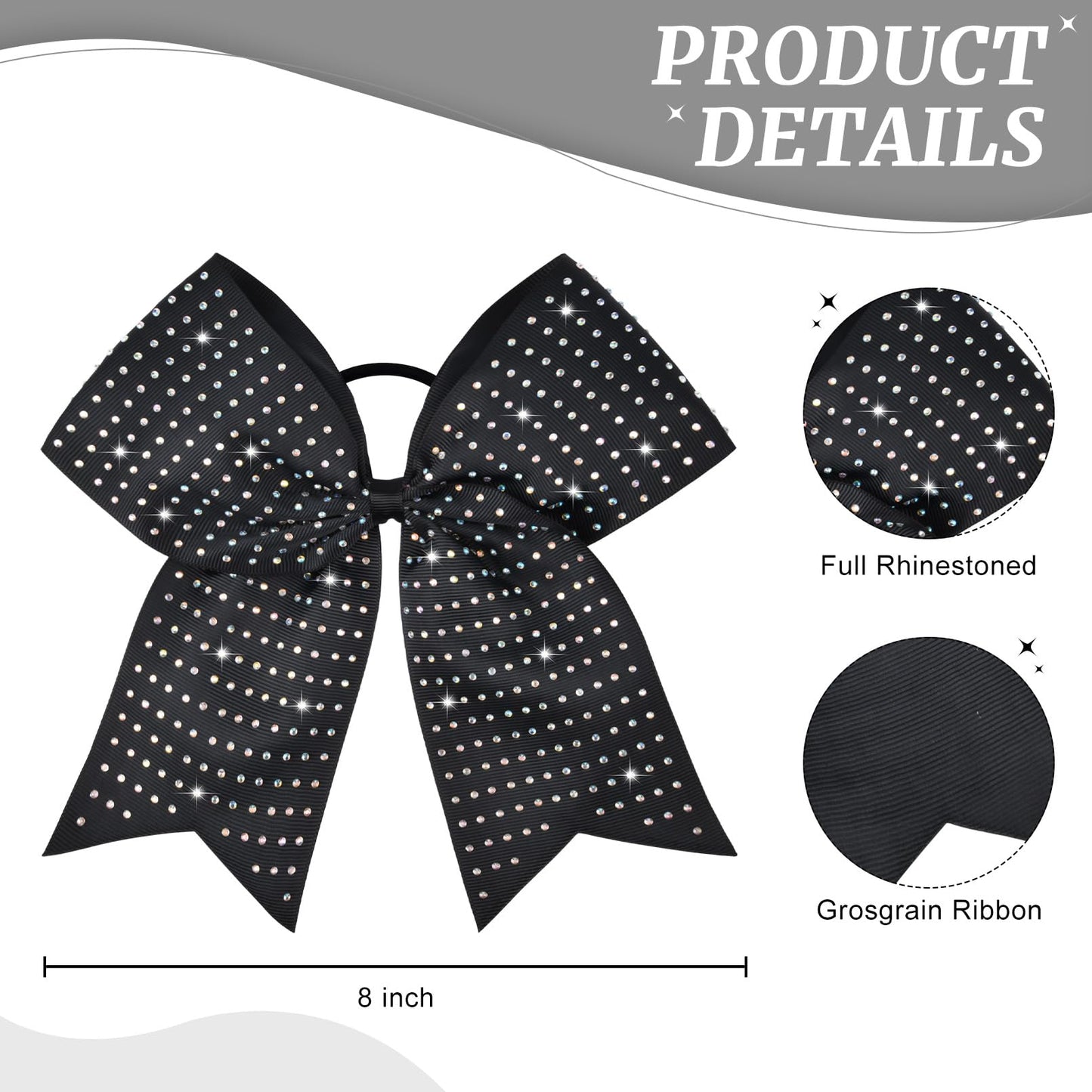 CEELGON 12 Pack Black Glitter Cheer Bows | 8-Inch Rhinestone Ribbon, Elastic Hair Tie