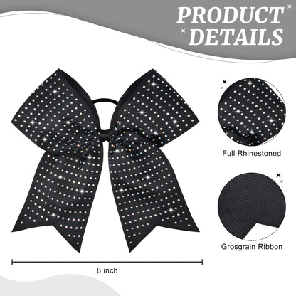 CEELGON 12 Pack Black Glitter Cheer Bows | 8-Inch Rhinestone Ribbon, Elastic Hair Tie