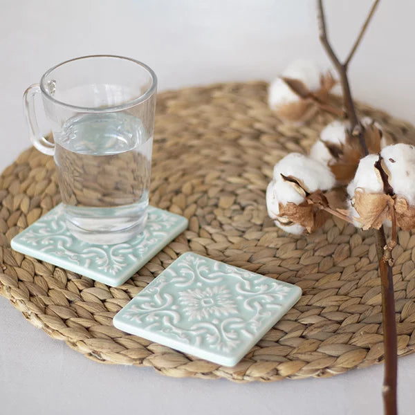 Set of 2 Ceramic Coasters Azulejo | Mint Green