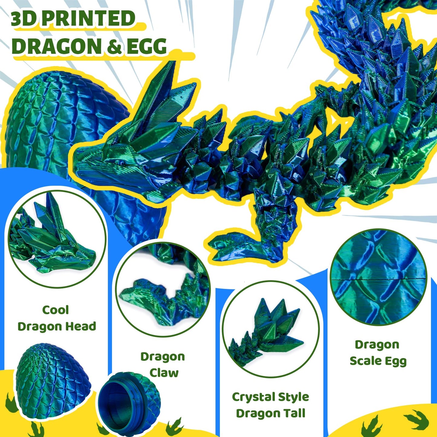 Cessfle 12-Inch Prefilled Easter Egg – 3D Printed Crystal Dragon Inside | Articulated Fidget Toy