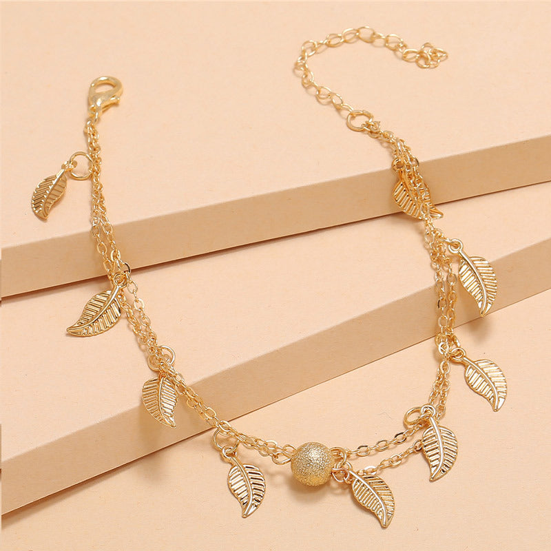 Round Beads, Small Leaves And Tassel Double-Layer Anklet