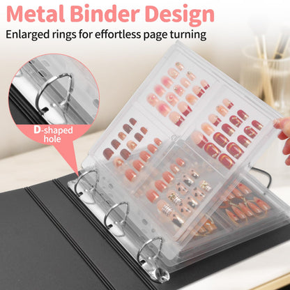 CGBE Press On Nail Organizer – Dustproof Seal, Removable D-Ring Binder Pages, Nail Tape