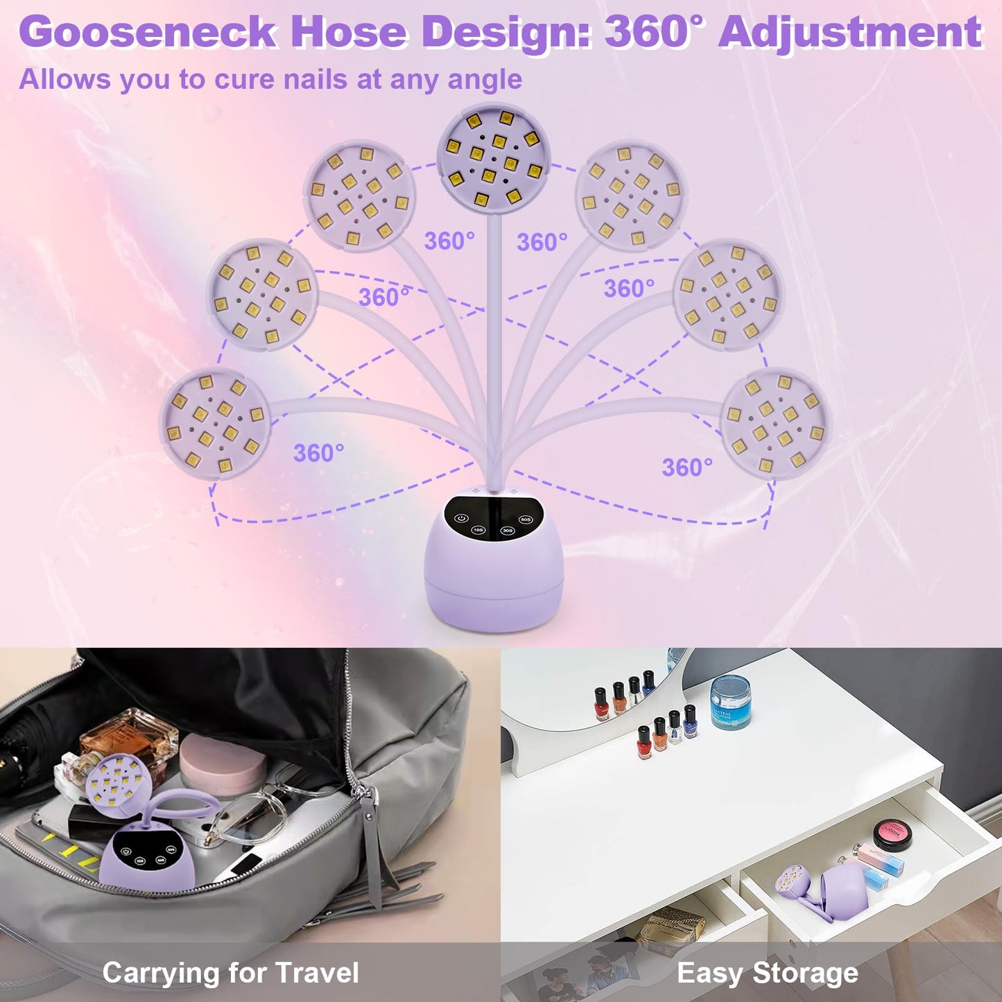 CGBE UV Nail Lamp — Cordless Gooseneck 36W Mini Flash Cure Light, 4 Timers & Auto Sensor (Purple)