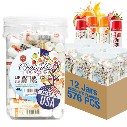 CHAP-LIP Original Lip Balm Bulk Pack — 48 Pack x 12 Boxes, Fruit Flavors, Coconut Oil & Cocoa Butter – Made in USA