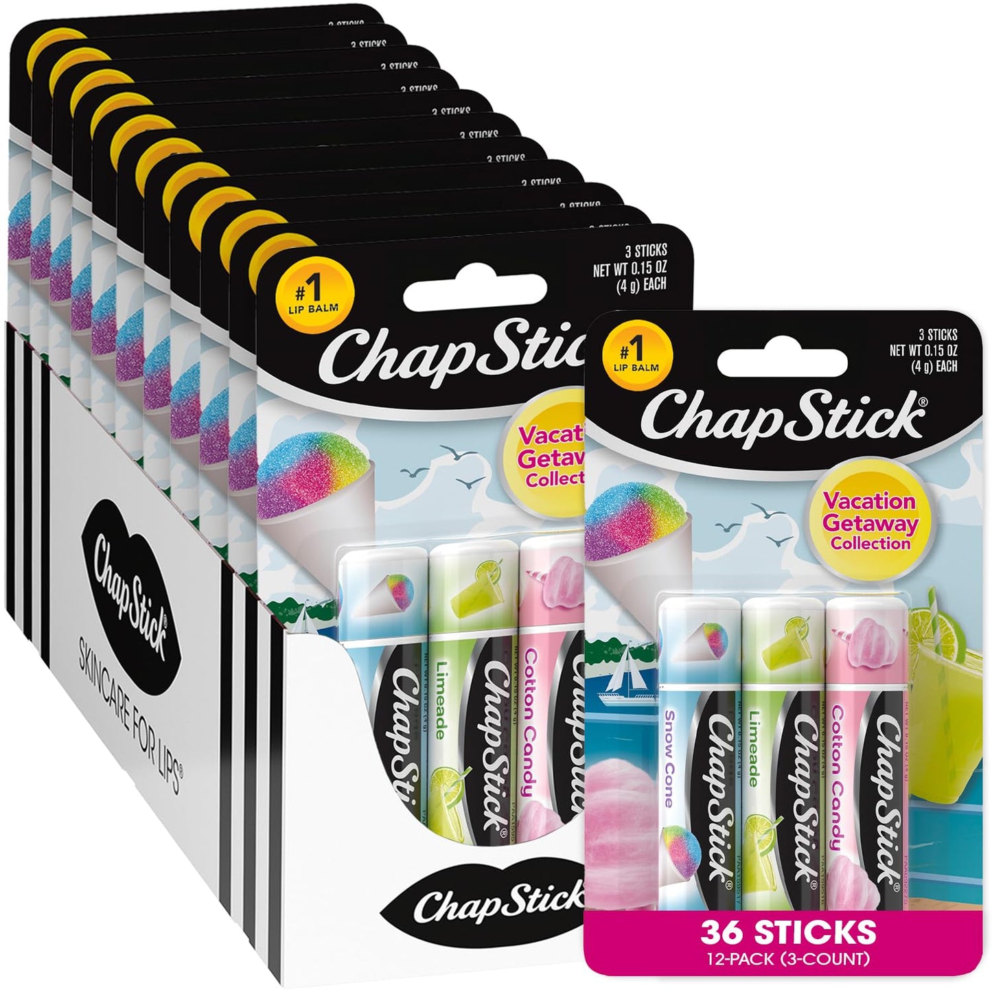 ChapStick Bulk Lip Balm – Vacation Getaway Collection (12 Sets / 36 Tubes, 0.15 oz each) – Fun Lip Care Gifts