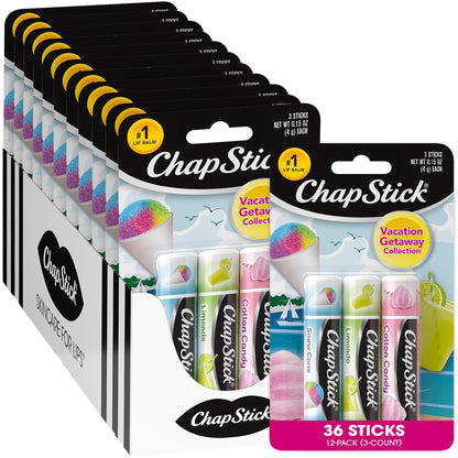 ChapStick Bulk Lip Balm – Vacation Getaway Collection (12 Sets / 36 Tubes, 0.15 oz each) – Fun Lip Care Gifts
