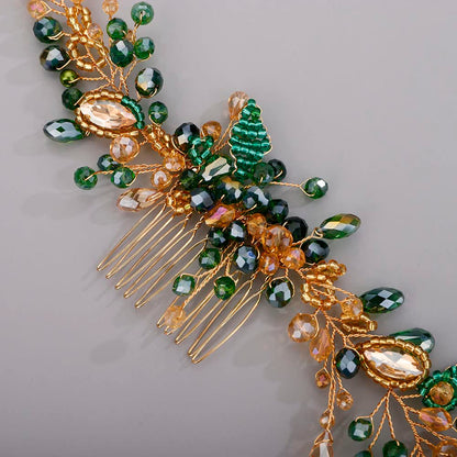 Chargances Wedding Crystal Beaded Hair Vine Comb – Green-Gold Pearl Leaf Headpiece for Bridal & Prom