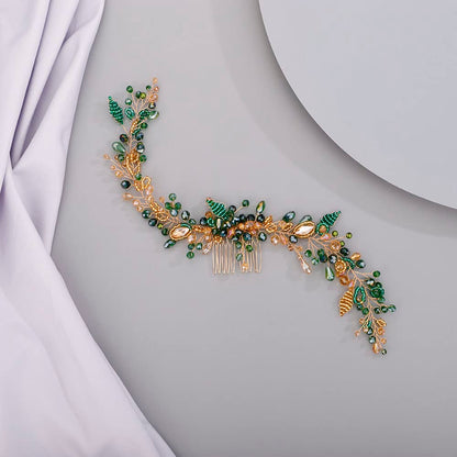 Chargances Wedding Crystal Beaded Hair Vine Comb – Green-Gold Pearl Leaf Headpiece for Bridal & Prom