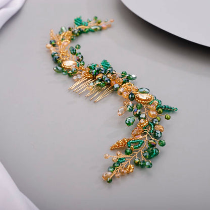 Chargances Wedding Crystal Beaded Hair Vine Comb – Green-Gold Pearl Leaf Headpiece for Bridal & Prom