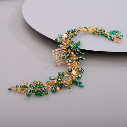 Chargances Wedding Crystal Beaded Hair Vine Comb – Green-Gold Pearl Leaf Headpiece for Bridal & Prom