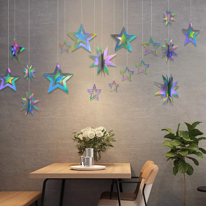 Cheerland Iridescent Star Garland – Holographic 3D Stars for Galaxy Party Decor