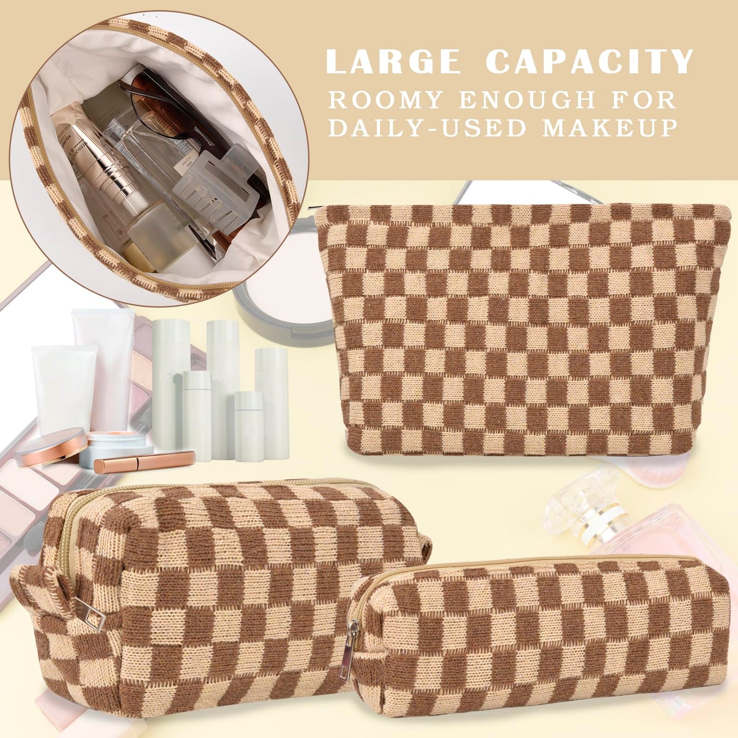 ChezMax Checkered Makeup Bags Set - 3-Piece Travel Cosmetic Bags in Brown