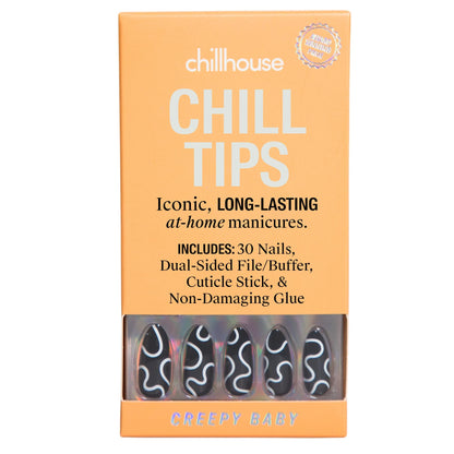 Chillhouse Chill Tips Press-On Nails Kit – Creepy Baby Almond Tips | 30 Shapes & Reusable
