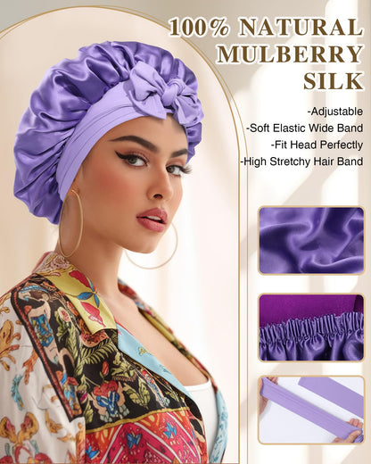 CHLINS Silk Bonnet for Sleeping – 100% Mulberry Silk, Double Layer Sleep Cap, Adjustable Band, Wisteria & Violet