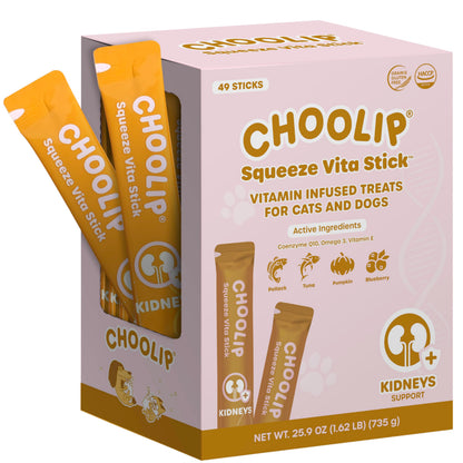 Choolip Squeeze Vita Stick Lickable Treats for Cats & Dogs – 49-Count Kidney Support Pack (Tuna & Pollack, Cranberry, CoQ10, Omega-3)