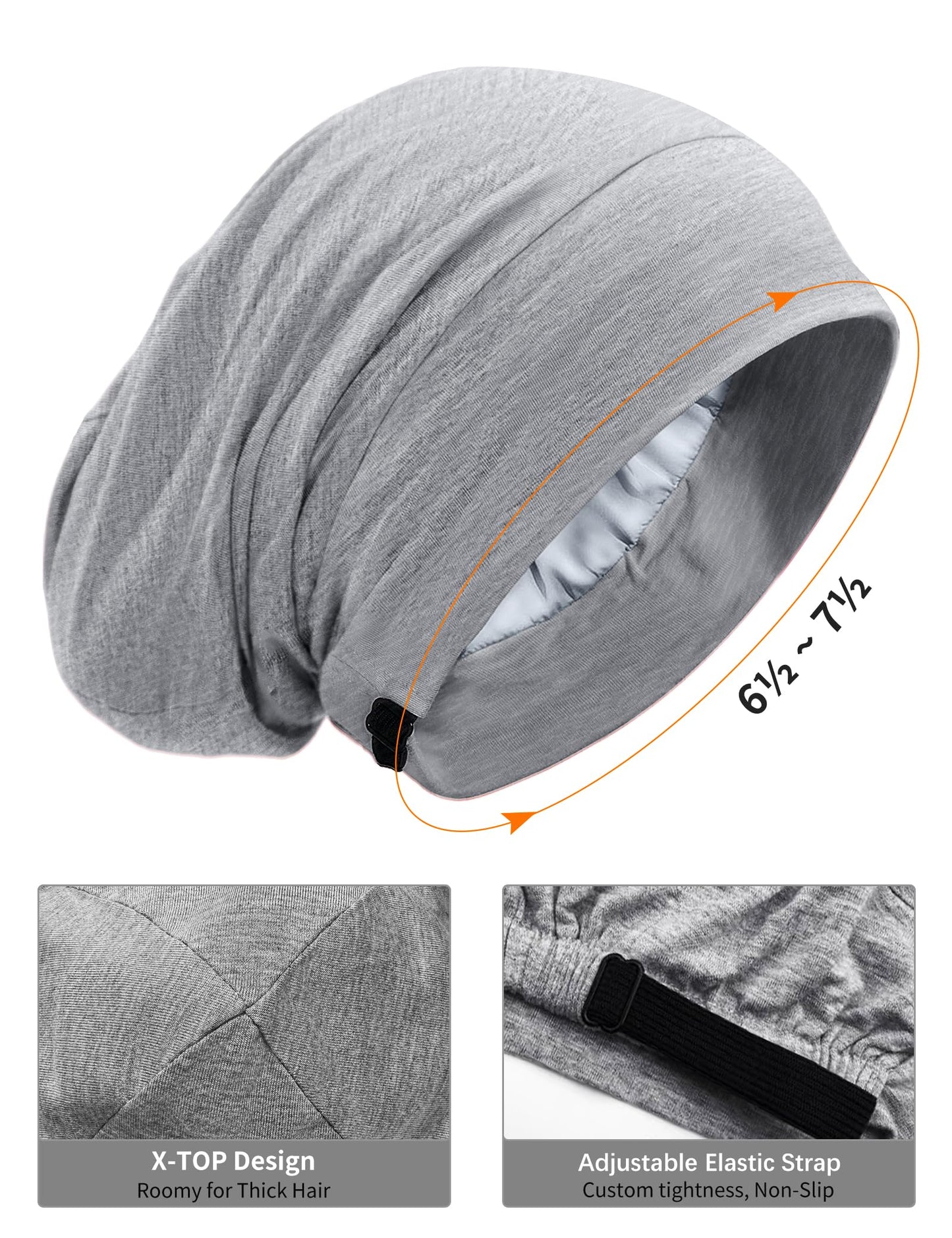 Choshion Satin-Lined Bonnet for Sleeping – Adjustable Sleep Cap (Black/Gray)