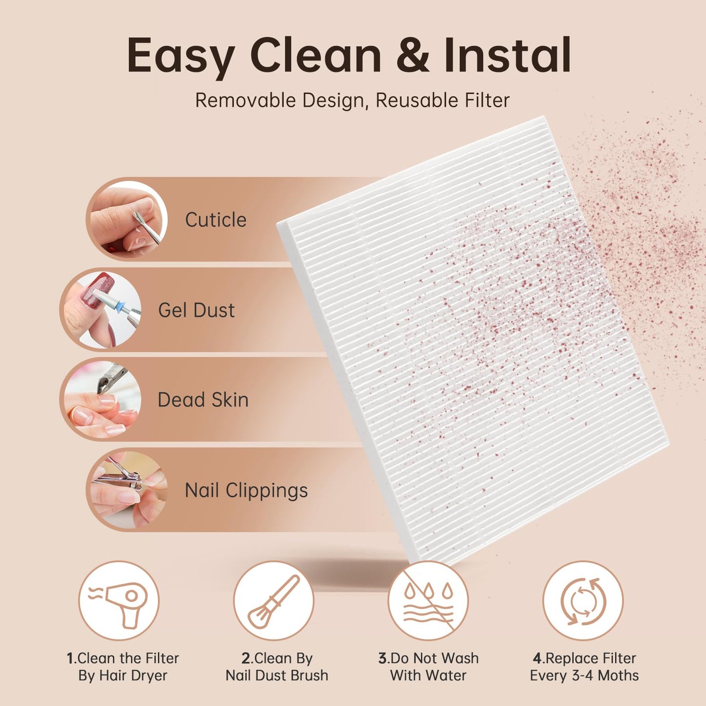 CHRISTINE SHELLY Nail Dust Collector – Cordless Rechargeable 4500RPM Vacuum, 7200mAh Battery, Low Noise