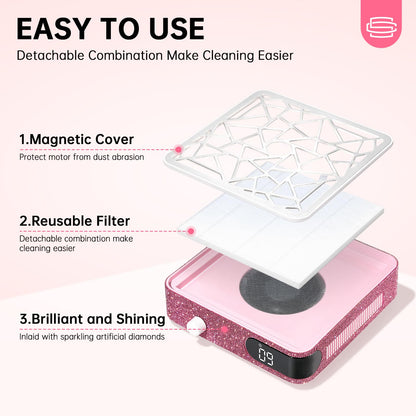 CHRISTINE SHELLY Nail Dust Collector – Cordless Vacuum for Acrylic Nails | Pink Diamond