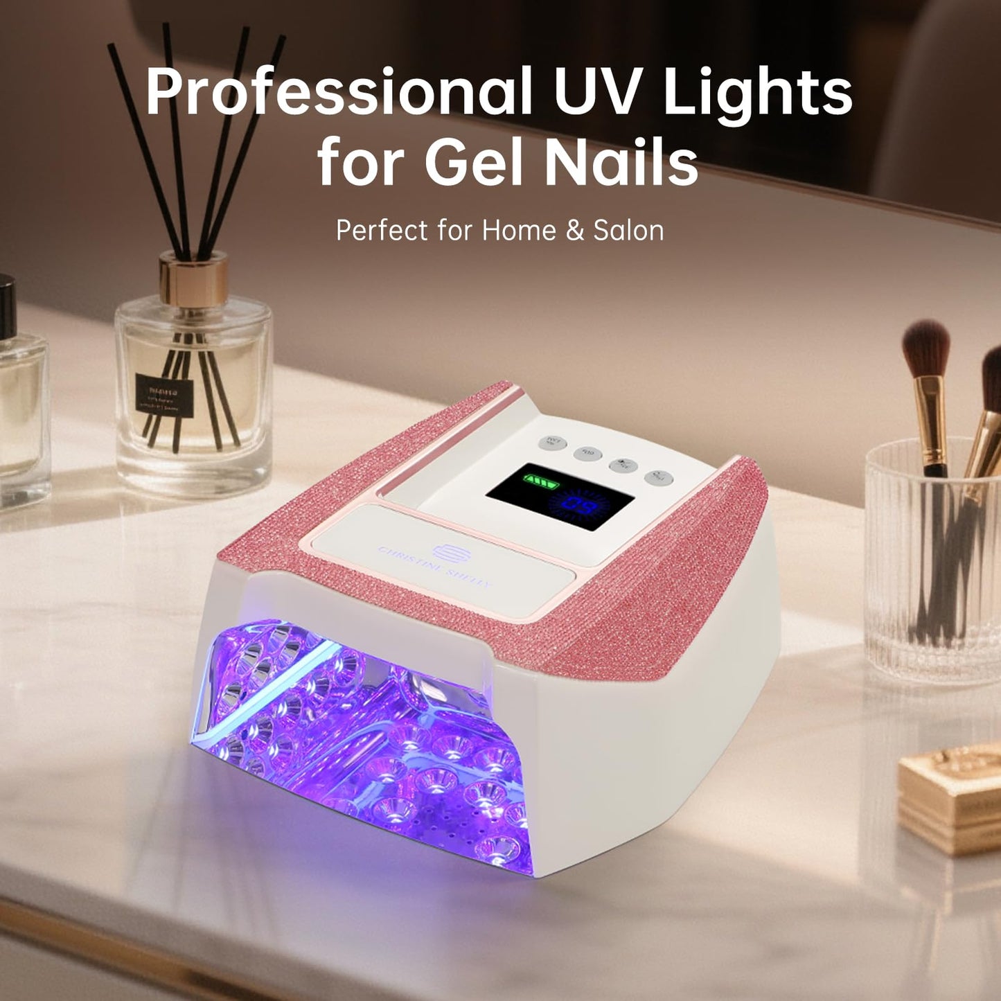CHRISTINE SHELLY UV Nail Lamp – Cordless Gel Light with Auto Sensor, 4 Timers, 96W, Pink Diamond