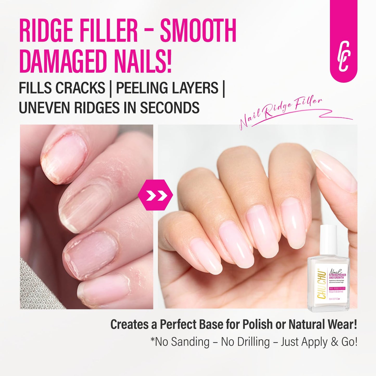 CHUCHU Nail Ridge Filler – 15ml Milky White Nail Strengthener & Growth for Weak Nails