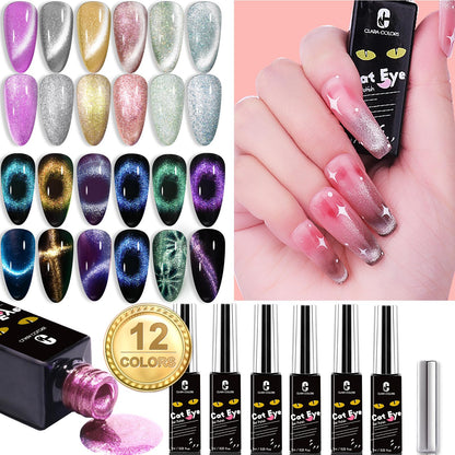 Clara Colors Cat Eye Gel Nail Polish Set – 12 Holographic Colors with Magnet | Galaxy Series