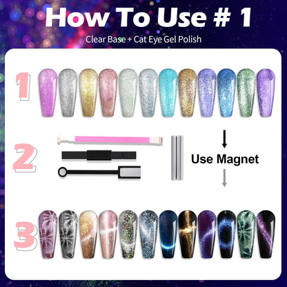 Clara Colors Cat Eye Gel Nail Polish Set – 12 Holographic Colors with Magnet | Galaxy Series