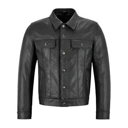 Men’s Black Western Leather Trucker Jacket