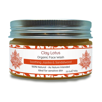 Clay Lotus Organic Face Wash - Gentle, Hydrating Cleanser with Jojoba & Sandalwood | 100% Natural